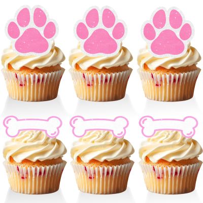 18 PCS Paw Print Cupcake Toppers for Girls Baby Shower Pink Glitter Bone Puppy Cake Toppers Dog Birthday Themed Party Decorations Let's Pawty Supplies