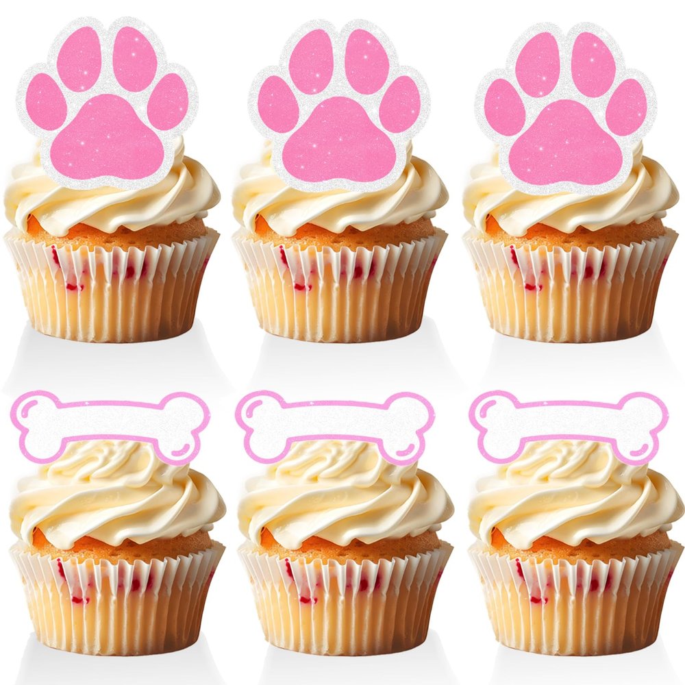 18 PCS Paw Print Cupcake Toppers for Girls Baby Shower Pink Glitter Bone Puppy Cake Toppers Dog Birthday Themed Party Decorations Let's Pawty Supplies