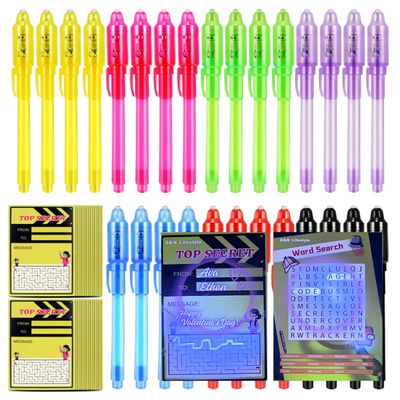 D&N Lifestyle Invisible Ink Pens for Kids, 28-Pack UV Secret Message Pens with Word Search & Maze Activity Cards, Valentines Day Party Favors & Classroom Gifts, Birthday & School Fun