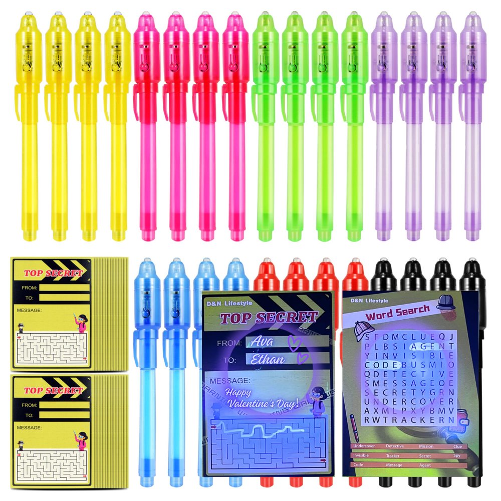D&N Lifestyle Invisible Ink Pens for Kids, 28-Pack UV Secret Message Pens with Word Search & Maze Activity Cards, Valentines Day Party Favors & Classroom Gifts, Birthday & School Fun