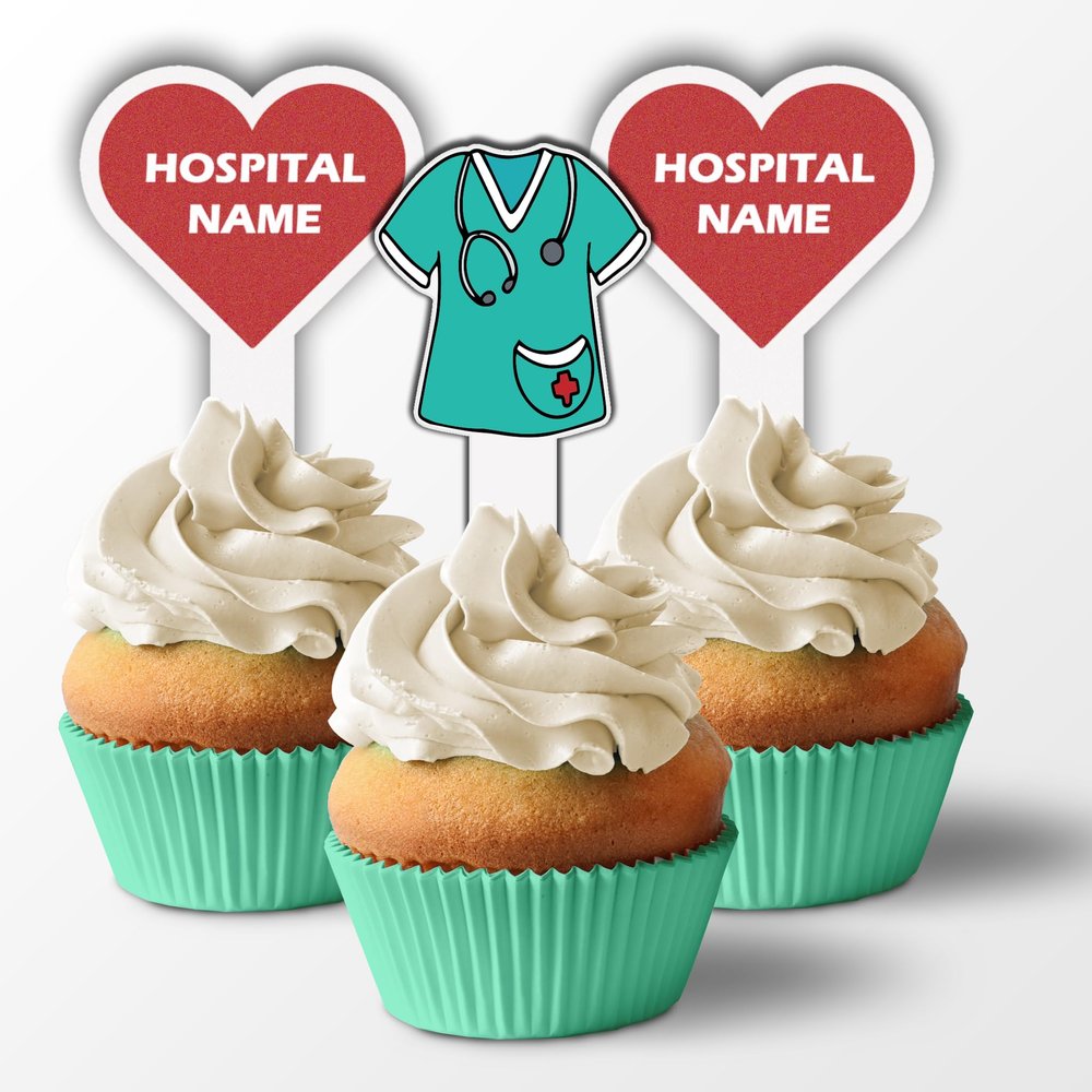 Custom Medical Staff Appreciation Cupcake Toppers, Plastic Personalized Cupcake Picks 2x4 Inches, Custom Hospital Name, Half Hearts and Half Scrubs, American-Made (50)