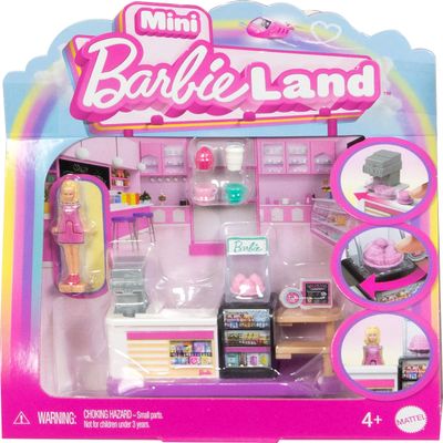 Barbie Mini BarbieLand Collectible Bakery Playset with 1.5-Inch Doll, Coffee Maker Station, Pastry Display and Seating Area for Storytelling Play