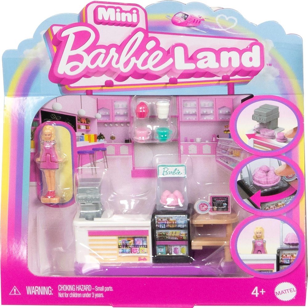 Barbie Mini BarbieLand Collectible Bakery Playset with 1.5-Inch Doll, Coffee Maker Station, Pastry Display and Seating Area for Storytelling Play