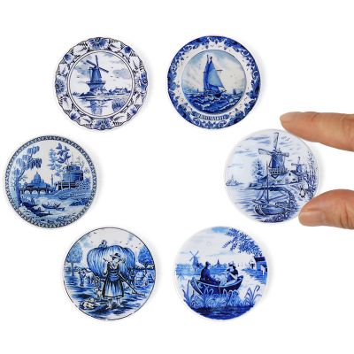 6PCS Handcrafted Miniature Ceramic Plates in 1:12 or 1:6 Scale, Vintage Porcelain Playhouse Dishes (Blue-White B, 4CM)