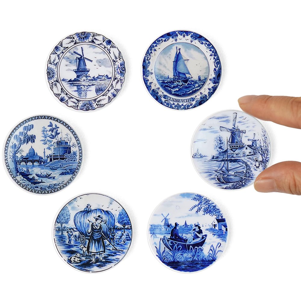 6PCS Handcrafted Miniature Ceramic Plates in 1:12 or 1:6 Scale, Vintage Porcelain Playhouse Dishes (Blue-White B, 4CM)