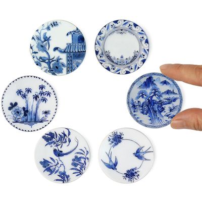 6PCS Handcrafted Miniature Ceramic Plates in 1:12 or 1:6 Scale, Vintage Porcelain Playhouse Dishes (Blue-White C, 4CM)