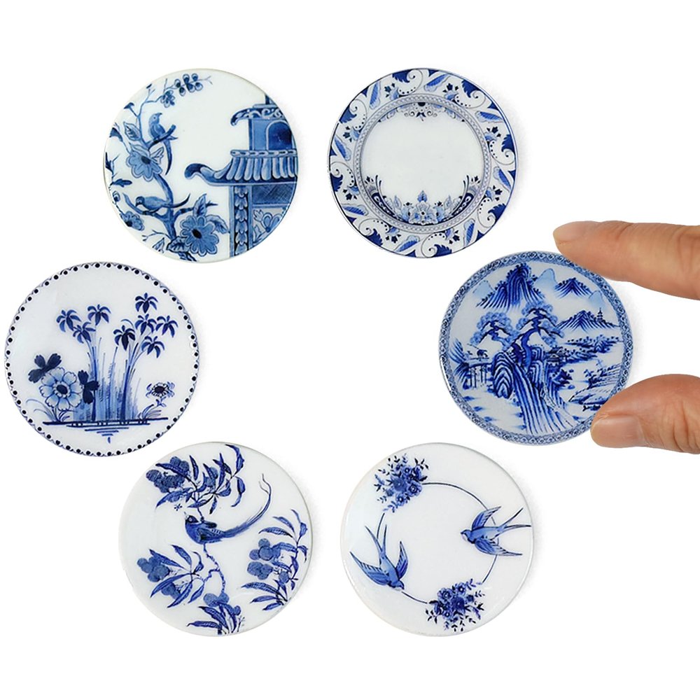 6PCS Handcrafted Miniature Ceramic Plates in 1:12 or 1:6 Scale, Vintage Porcelain Playhouse Dishes (Blue-White C, 4CM)