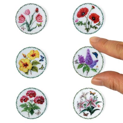 6PCS Handcrafted Miniature Ceramic Plates in 1:12 or 1:6 Scale, Vintage Porcelain Playhouse Dishes (Garden-A, 3CM)