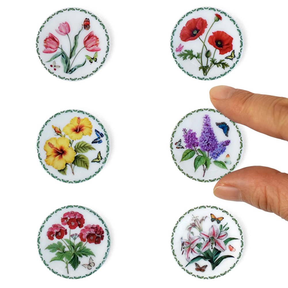 6PCS Handcrafted Miniature Ceramic Plates in 1:12 or 1:6 Scale, Vintage Porcelain Playhouse Dishes (Garden-A, 3CM)