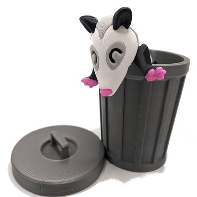3D Menagerie 3D Printed Opossum - Articulated Multicolor Fidget Toy Figure (Giant with Trash Can), White Grey Pink