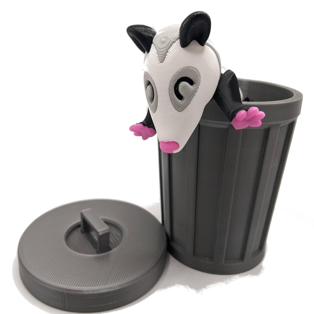 3D Menagerie 3D Printed Opossum - Articulated Multicolor Fidget Toy Figure (Giant with Trash Can), White Grey Pink