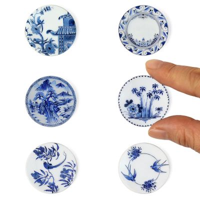 6PCS Handcrafted Miniature Ceramic Plates in 1:12 or 1:6 Scale, Vintage Porcelain Playhouse Dishes (Blue-White C, 3CM)