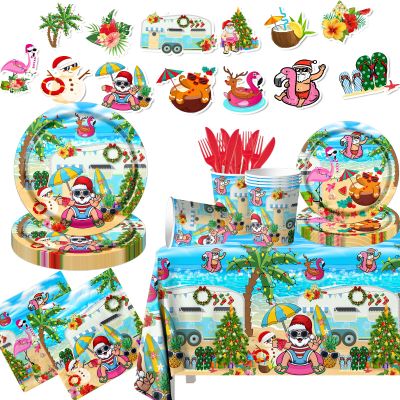 142pcs Summer Christmas Plates Tableware Set Summer Beach Hawaiian Santa Plates Napkins Cups for Summer Pool Mele kalikimaka Tropical Christmas Luau Party Decorations