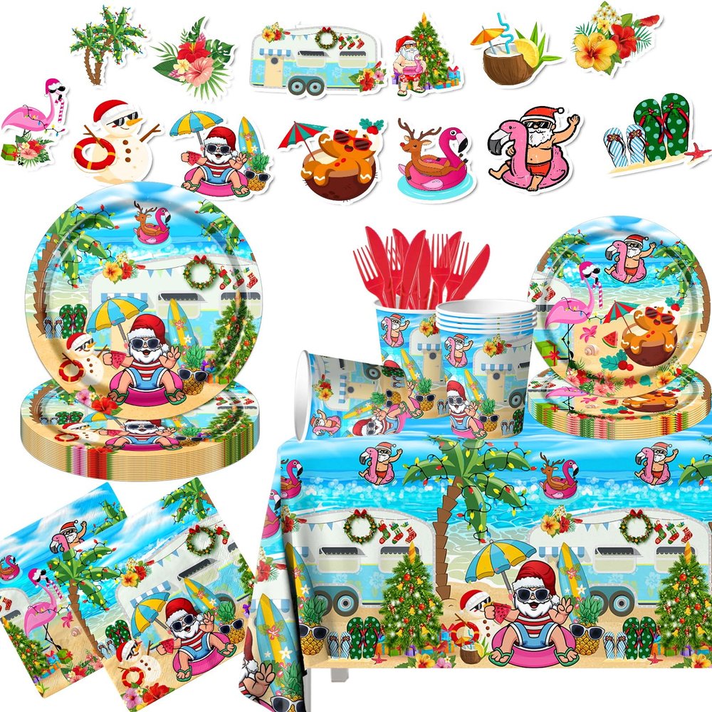 142pcs Summer Christmas Plates Tableware Set Summer Beach Hawaiian Santa Plates Napkins Cups for Summer Pool Mele kalikimaka Tropical Christmas Luau Party Decorations