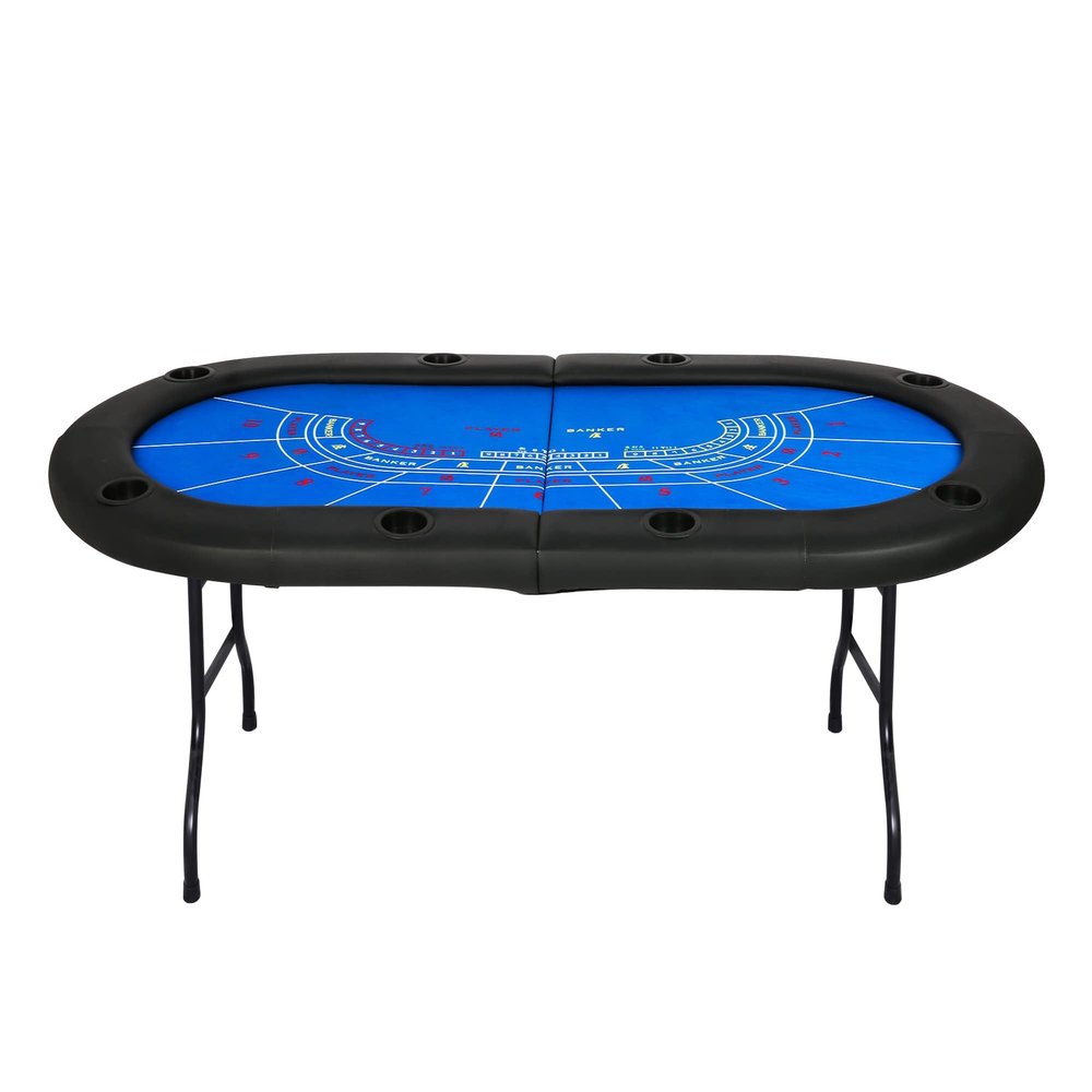 Upgrade 8 Player Poker Table for Blackjack Card Game, Foldable Texas Hold'em Table, Portable Casino Table for Game Room with Plastic Cup Holder, Padded Rails, Blue Felt Surface