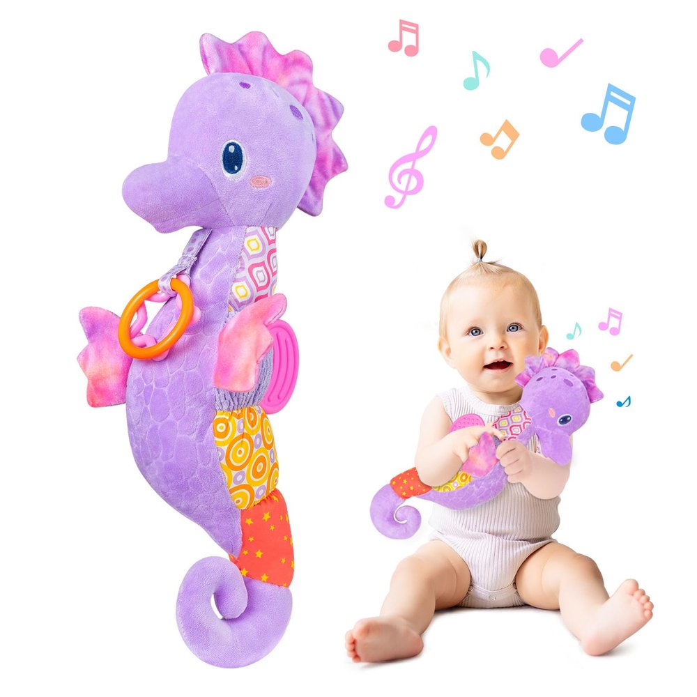 Fuzqq Baby Girl Toys 0-6 Months,Musical Stuffed Animal Plush Toy with Rattle,Soft Newborn Toy for 0 3 6 9 12 Months Girls,Baby Girl Gift,Purple