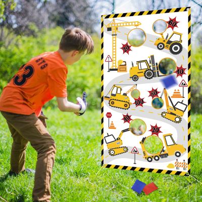 Adecortalk Construction Truck Toss Game Banner with 4 Bean Bags - Indoor Outdoor Excavator Throwing Theme Party Game Banner Construction Birthday Party Supplies for Kids Adults