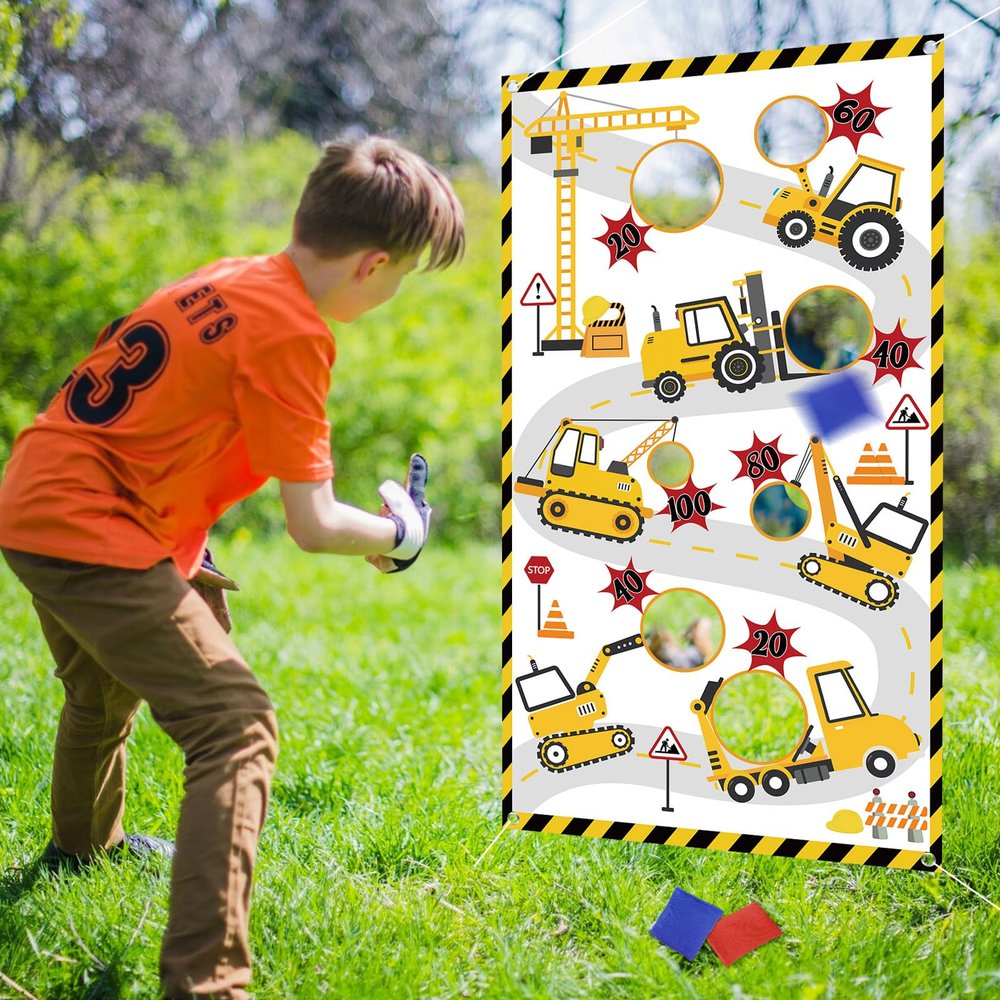 Adecortalk Construction Truck Toss Game Banner with 4 Bean Bags - Indoor Outdoor Excavator Throwing Theme Party Game Banner Construction Birthday Party Supplies for Kids Adults