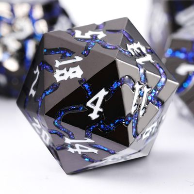 Soar Forge Metal Dice for DND - Beautiful Cracked Glitter Metal Set - Polyhedral Dice Compatible with Dungeons and Dragons and Other RPG, Perfect for D&D (Gunmetal Blue Glitter)