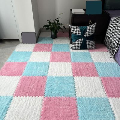 48 Pieces Interlocking Carpet Tiles,Plush Puzzle Foam Floor Mat,Soft Rugs,Play Mat,for Living Room,12 Inch(Size:0.23 inch,Color:White+Pink+Blue)