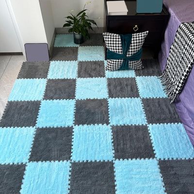 48 Pieces Interlocking Carpet Tiles,Plush Puzzle Foam Floor Mat,Soft Rugs,Play Mat,for Living Room,12 Inch(Size:0.39 inch,Color:Blue+Gray)