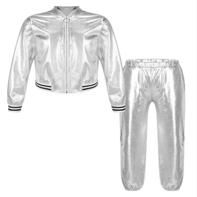 Kids Boys Girls Long Sleeves Bomber Jacket and Sweatpants Set Jazz Hip Hop Metallic Dance Costumes Dancewear Silver 16 Years