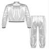 Kids Boys Girls Long Sleeves Bomber Jacket and Sweatpants Set Jazz Hip Hop Metallic Dance Costumes Dancewear Silver 16 Years view 2