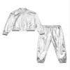 Kids Boys Girls Long Sleeves Bomber Jacket and Sweatpants Set Jazz Hip Hop Metallic Dance Costumes Dancewear Silver 16 Years view 3