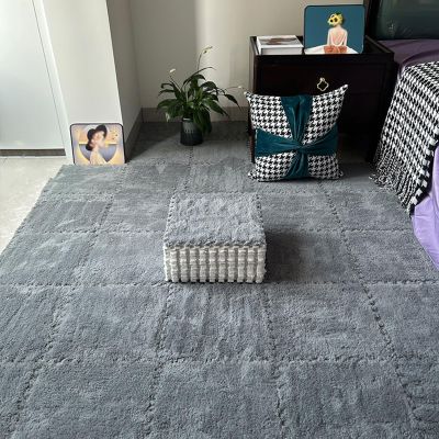 10 Pcs Fluffy Interlocking Carpet Tiles Square Play Mat Plush Foam Floor Mats with Border Interlocking Tiles Puzzle Floor Protection(Size:0.39 inch,Color:Gray)