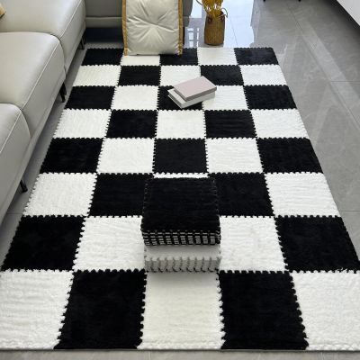 48 Pieces Interlocking Carpet Tiles,Plush Puzzle Foam Floor Mat,Soft Rugs,Play Mat,for Living Room,12 Inch(Size:0.23 inch,Color:Black+White)