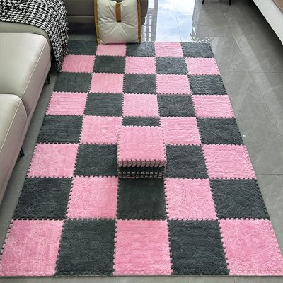 10 Pcs Fluffy Interlocking Carpet Tiles Square Play Mat Plush Foam Floor Mats with Border Interlocking Tiles Puzzle Floor Protection(Size:0.39 inch,Color:Pink+Gray)