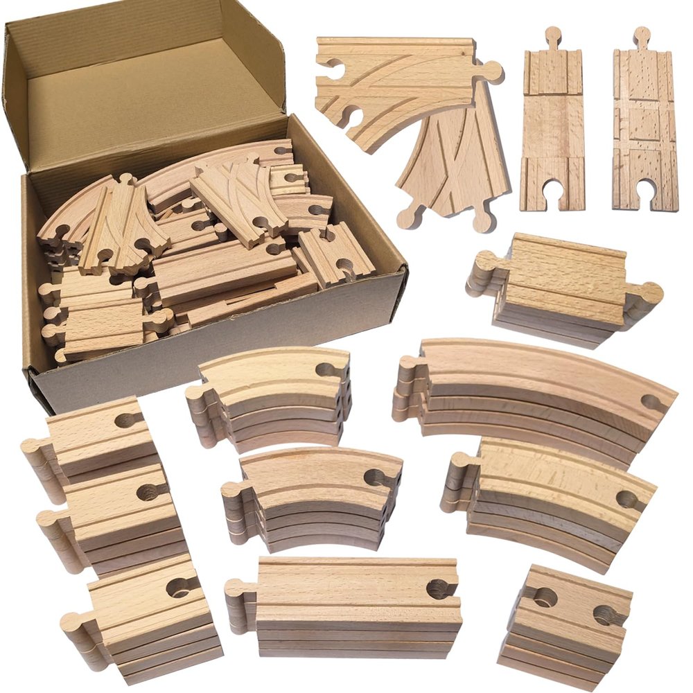 MUYUTOY Wooden Train Track 44Pcs, Wood Train Tracks Expansion Accessories Expansion Pack fits Melissa and Doug, Brio, Thomas, Montessori Toys, Birthday Gift for Boys Girls Toddler Kids