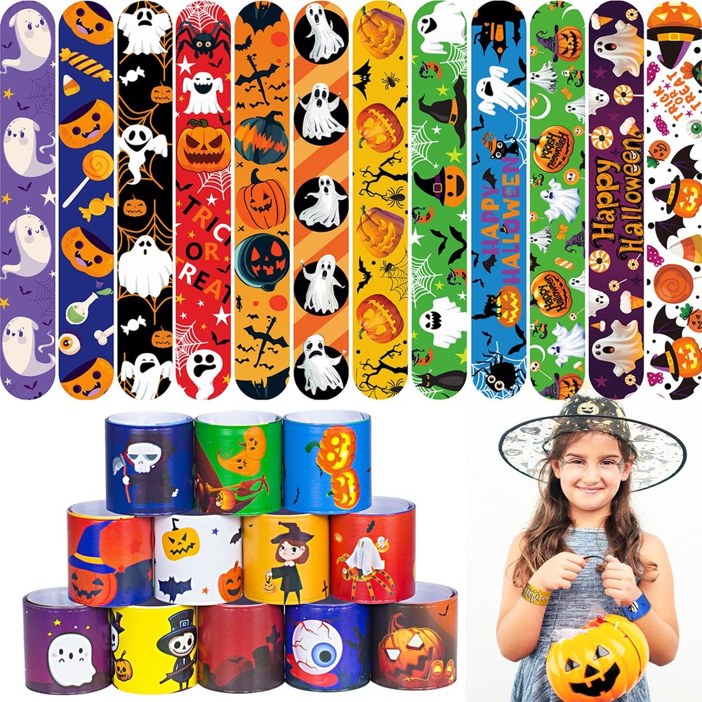 UMEMAXSO 48 Pcs Halloween Slap Bracelets, 12 Styles for Halloween Party Favors, Assorted Bulk Pumpkin Zombie Witches Snap Bracelet Wristbands for Kids Halloween Party Gift Bag Filler Supply