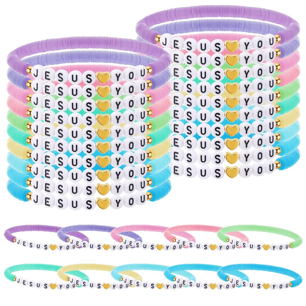 Landical 30 Pcs Easter Jesus Loves You Bracelets Bulk Friendship Bracelets Colorful Christian Jesus Bracelet for Kids Men Women Religious Wristbands Easter Hunt Gift Church(Pastel)