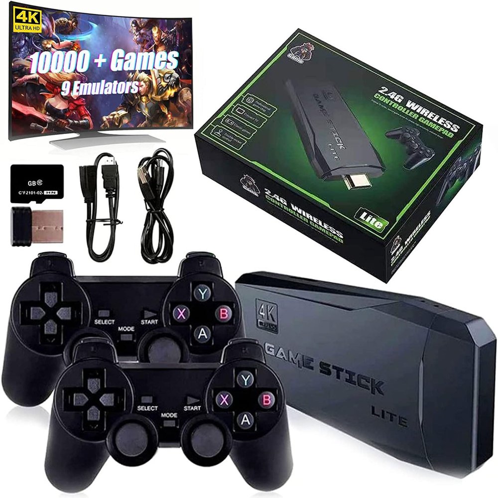 BAKAMA Wireless Retro Game Console Built in 10,000+ Games and 9 Emulators Retro Game Stick 4K HDMI Plug and Play Video Games for TV Dual 2.4G Wireless Controllers (128G), Black