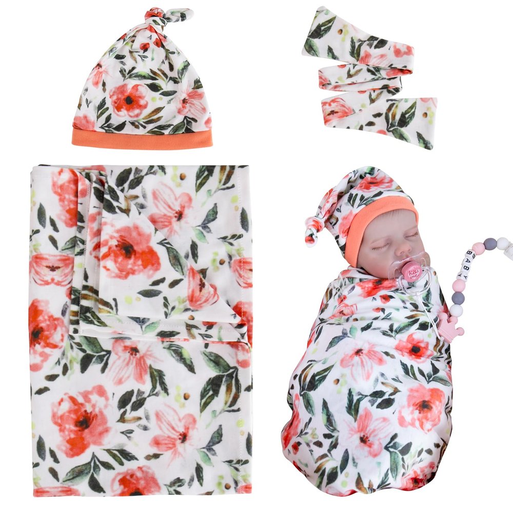 Aori Reborn Baby Dolls Clothes Newborn Receiveing Blanket with Floral Hat and Headband Set Nursery Swaddle Wrap for 17-20 inch Reborn Dolls