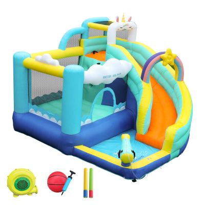 Doctor Dolphin Bounce House, Unicorn Water Slide Bounce House, Water Slides for Kids Backyard, Inflatable Water Park for Kids, Water Bounce House with Slide, Splash Pool, Basketball Hoop
