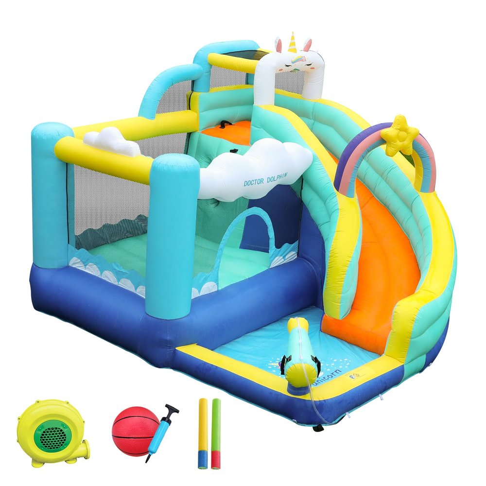 Doctor Dolphin Bounce House, Unicorn Water Slide Bounce House, Water Slides for Kids Backyard, Inflatable Water Park for Kids, Water Bounce House with Slide, Splash Pool, Basketball Hoop