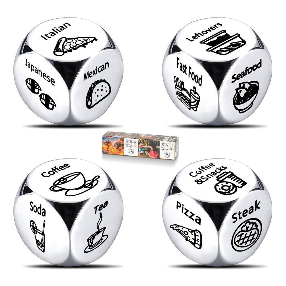 Ponpon 4Pcs Food Decision Dice, Metal Food Dice Game for Couples Girlfriend Boyfriend Wife Husband on Anniversary Valentines Day Birthday Date Night