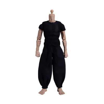 1/12 Scale Male Clothes - Men's Tight Short Sleeves Pant Warrior Combat Suit Sport Clothing for 6inch Action Figure Body (Black Tops + Black Belt + Pant)