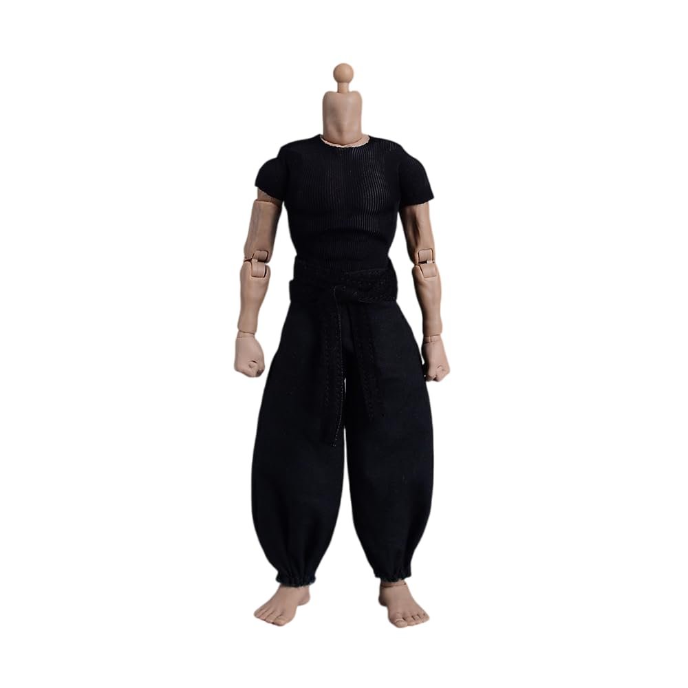 1/12 Scale Male Clothes - Men's Tight Short Sleeves Pant Warrior Combat Suit Sport Clothing for 6inch Action Figure Body (Black Tops + Black Belt + Pant)