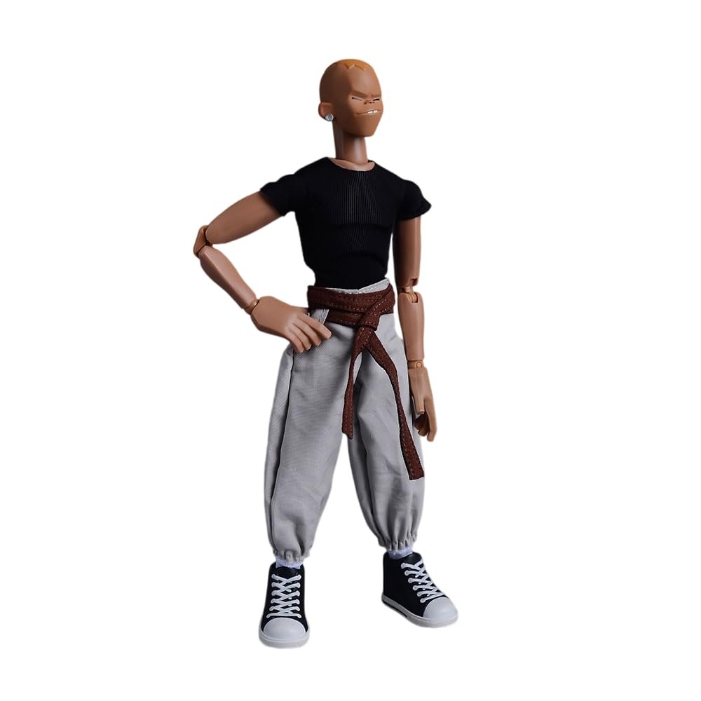 1/12 Scale Male Clothes,Men's Tight Short Sleeves Pant Warrior Combat Suit Sport Clothing for 6inch Action Figure Body (Black Tops+Brown Belt+White Pant)