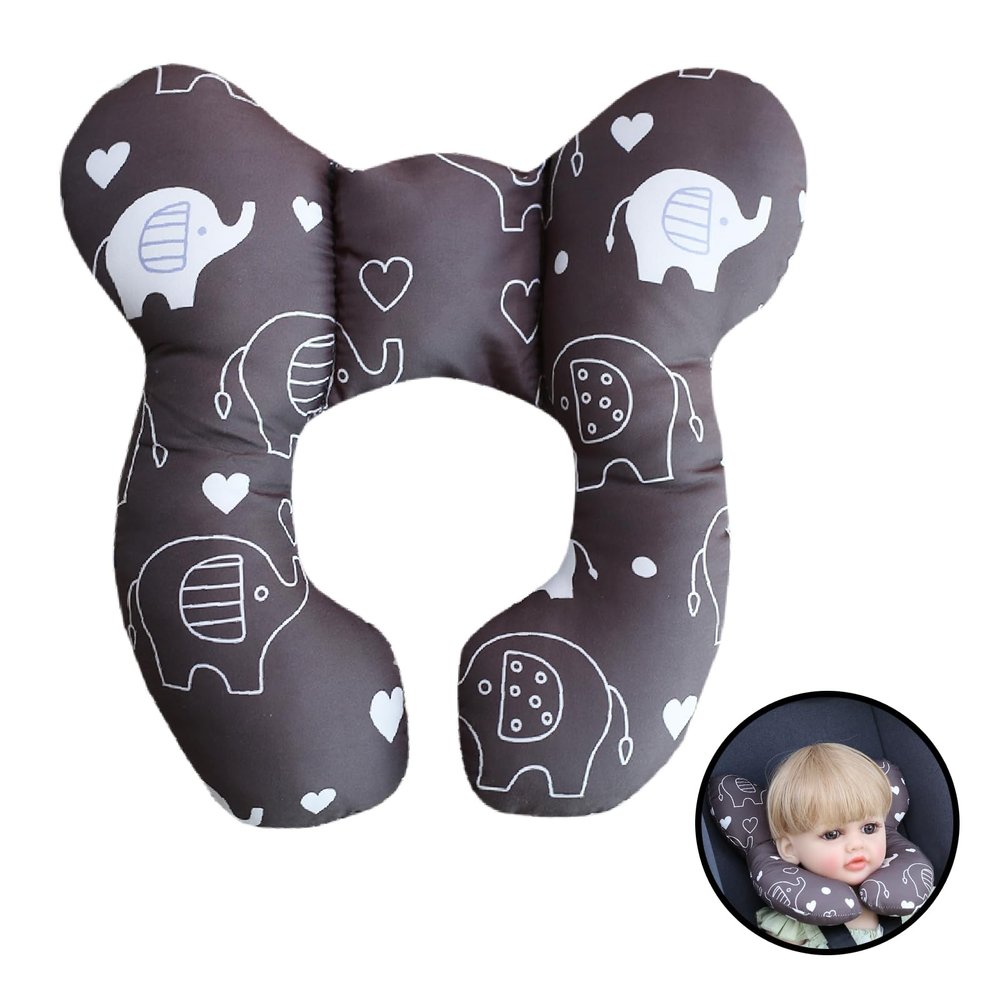 HPIENOYA U-Shaped Baby Travel Pillow for Car Seat,Pushchair, Stroller,Soft Neck Support, Ideal for Babies 1-4 Years -Comfortable Baby Car Seat Head Support (Black Elephant)