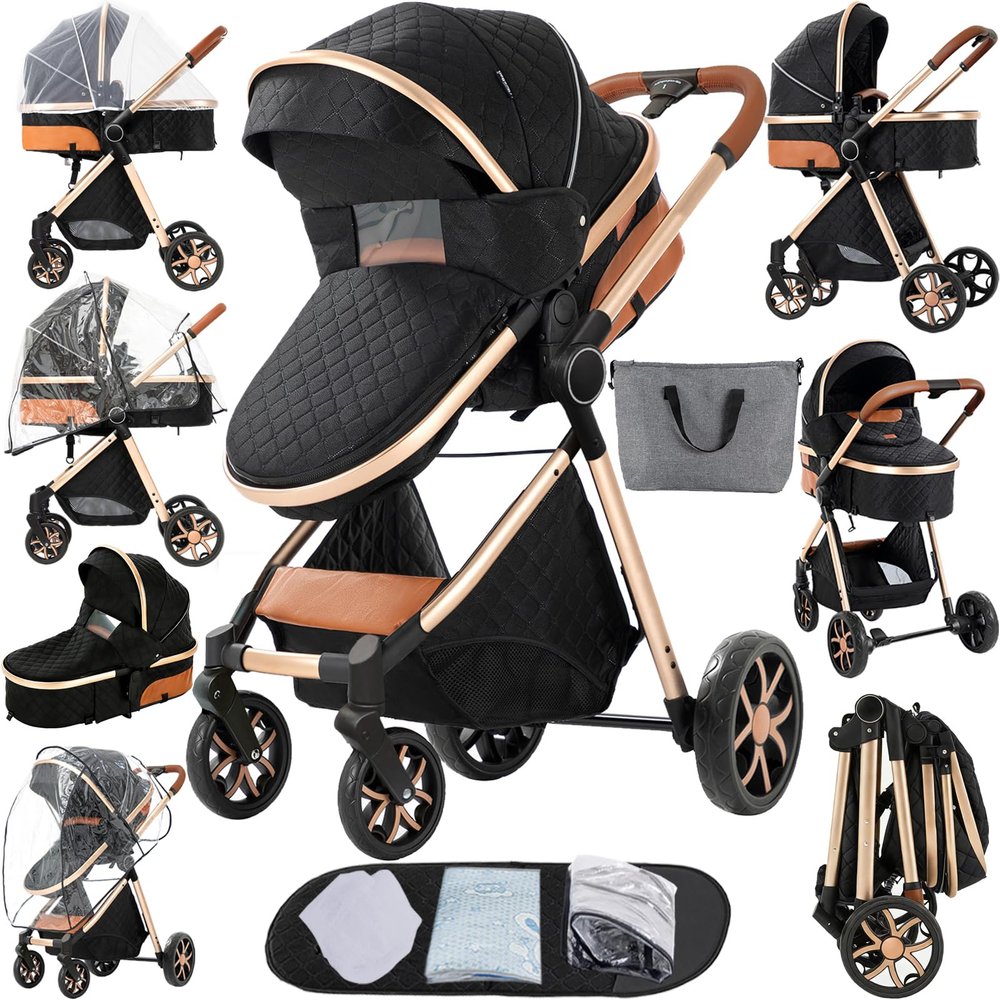 2 in 1 Baby Stroller, Convertible Foldable Standard Stroller, Reversible Pushchair Infant Buggy Carriage, Portable High Landscape Pram for Toddler Newborn, Aluminum Alloy (225 Black Gold)