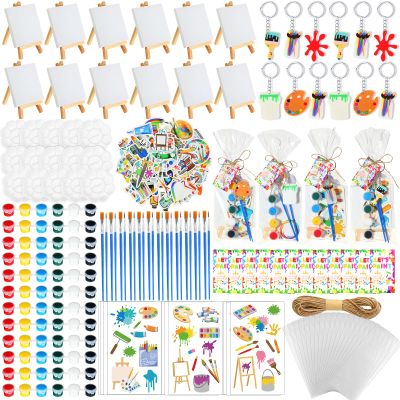 HyDren 254 Pcs Paint Party Favors Bulk Canvas Easel and Watercolor Paint Set Palette Brush Stickers Tattoo Sticker Keychain for Art Party Gifts