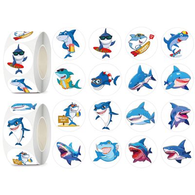 UVUXO 600 Pcs Shark Stickers for Kids- 1.5 Inch Round Stickers Roll 16 Tyles Ocean Shark Kindergarten Stickers Teacher Sticker for Kids Birthday Party School Reward Giveaways