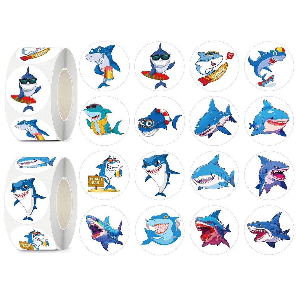 UVUXO 600 Pcs Shark Stickers for Kids- 1.5 Inch Round Stickers Roll 16 Tyles Ocean Shark Kindergarten Stickers Teacher Sticker for Kids Birthday Party School Reward Giveaways