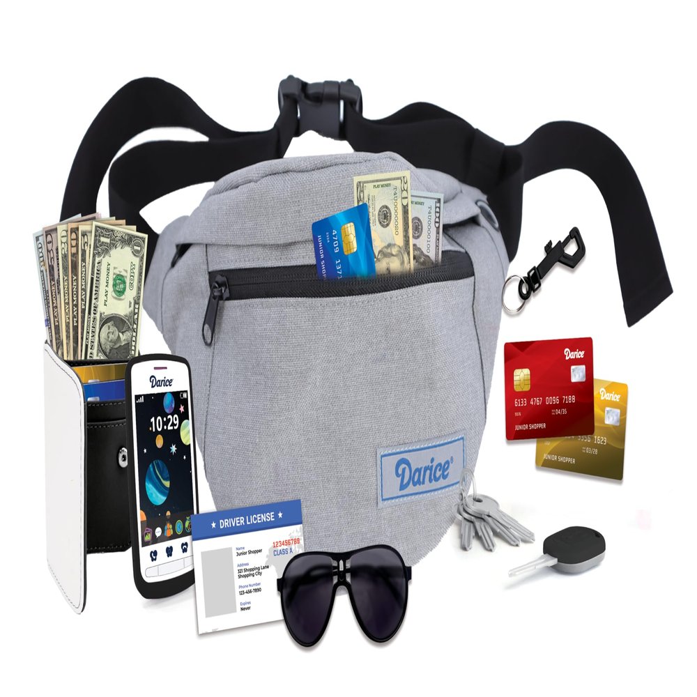 Darice Fanny Pack Phone Wallet Purse Set for Boys - Pretend Play Toy Money Purse Set for Kids - Kids Fanny Pack Playset with Toy Wallet, Money, Keys, Credit Card, Phone, Glasses and More