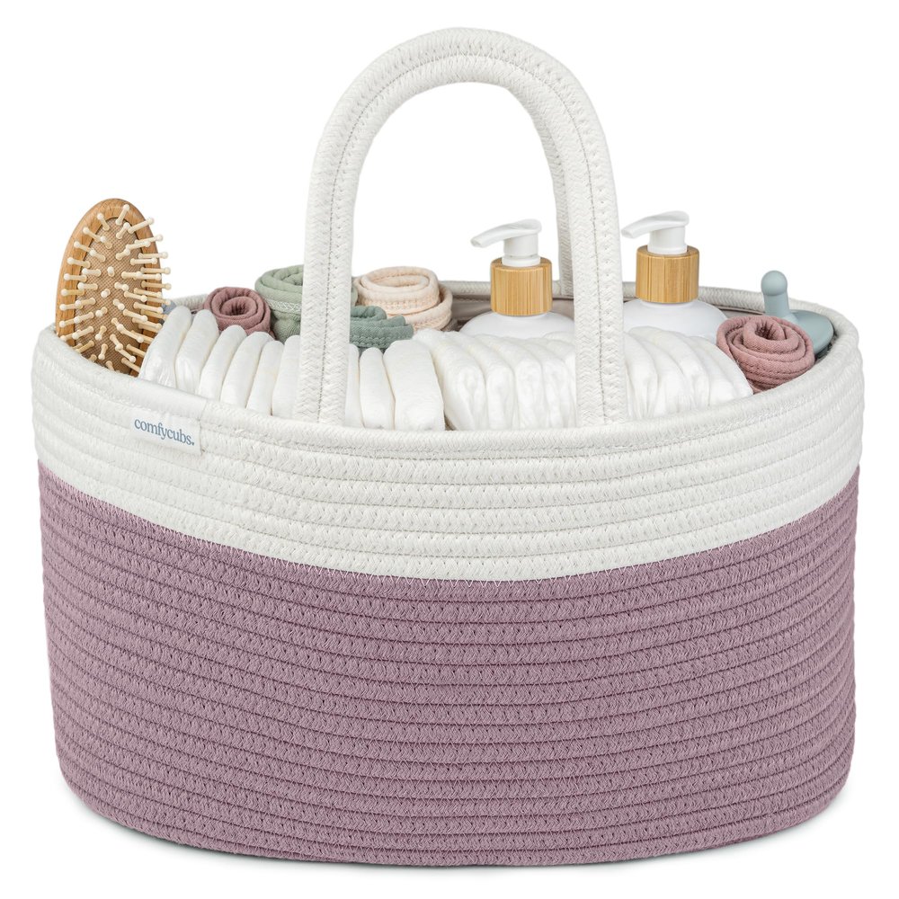Comfy Cubs Rope Diaper Caddy Organizer 8.5" x 15" x 8" - Large Baby Diaper Basket with 3 Spacious Compartments - Stylish Cotton Baby Caddy Organizer for Diapers, Wipes & Essentials - Mauve