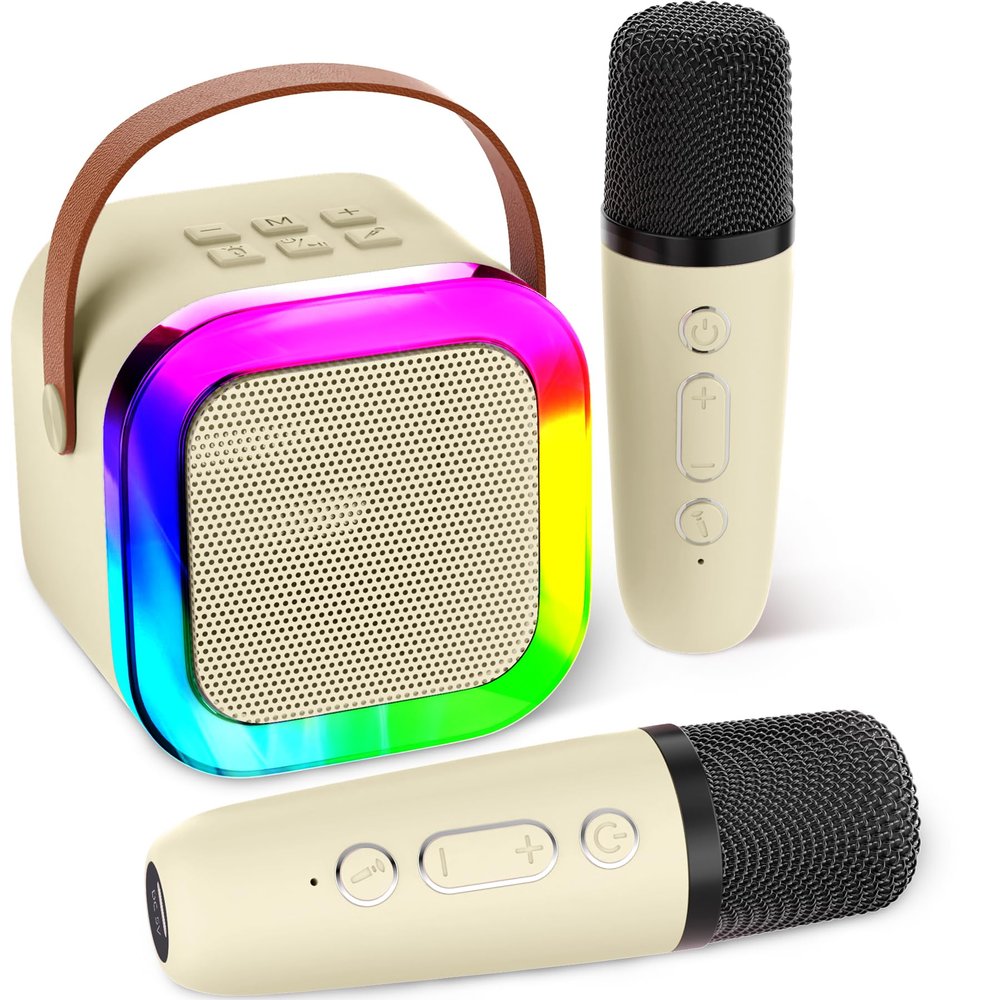 Aplsinvivi Mini Karaoke Machine Speaker for Kids, Toys for Girls Boys Friends Age 3-12+, Birthday Gifts Portable Bluetooth Speaker with Wireless Mics for 5 6 7 8 9 10 11 Years Teens Girl Boys, Beige